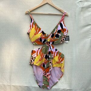 Bar III Jungle Tropical Floral Ring Accent Center One Piece Bathing Suit XL